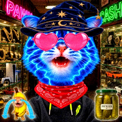 Electric blue Vrax in a wizard hat, heart glasses and a Robinhood hoodie in a pawn shop
